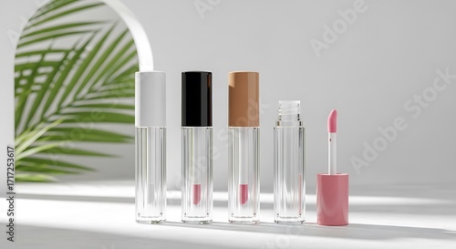 Collection of clear lip gloss tubes with pink applicators and caps