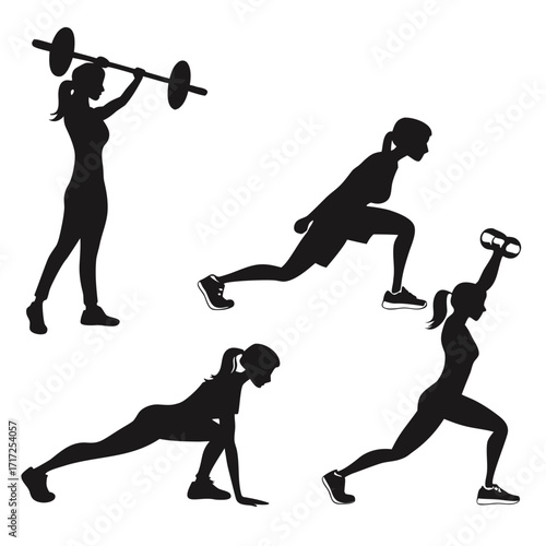 Fitness silhouettes women lifting weights and exercising