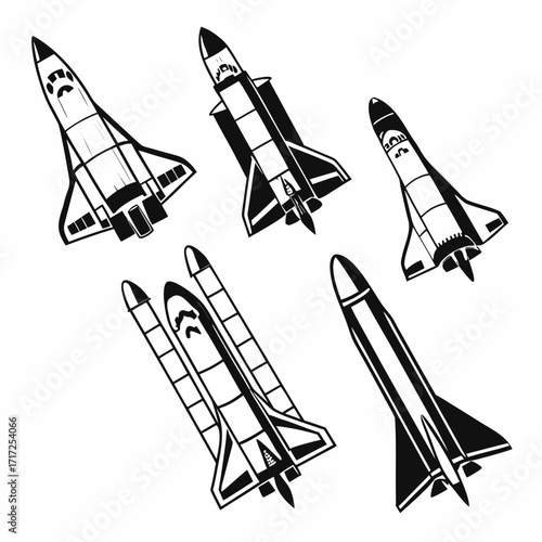 Five black and white spacecraft silhouettes rocket