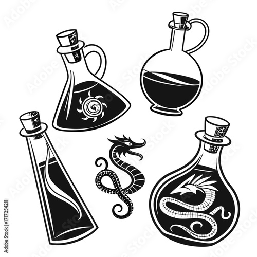 Five potion bottles and dragon silhouette fantasy magic