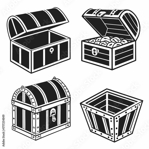Four black and white treasure chests open chest closed chest