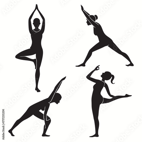 Four black yoga pose silhouettes poses women