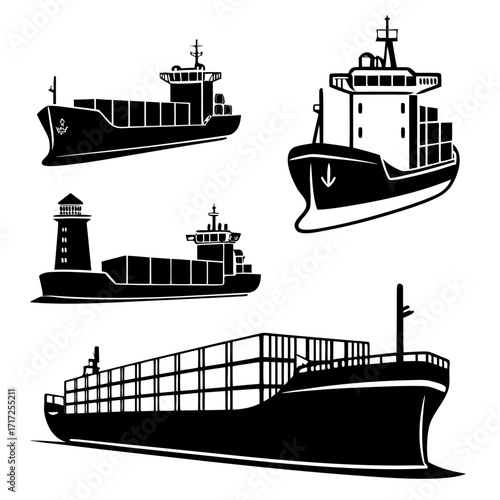 Four cargo ships and containers container ships maritime transport