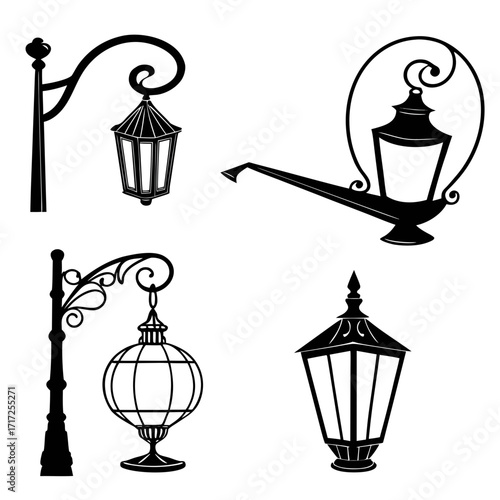 Four decorative black oil lamp silhouettes lantern