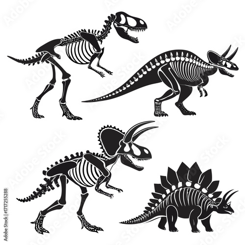 Four dinosaur skeletons black silhouette tyrannosaurus rex