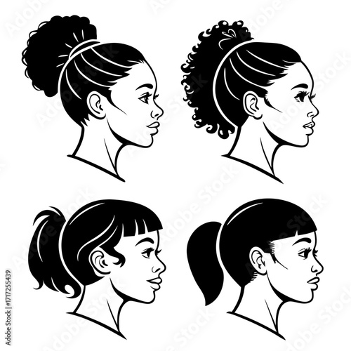Four female profiles varied hairstyles top bun curly hair