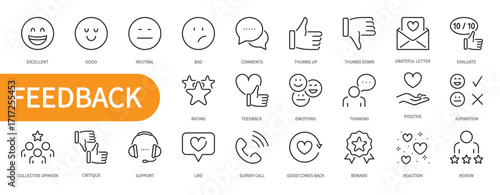 Feedback icon set. Review, evaluate, rating, comments, thumbs up, thumbs down,excellent, good, bad, emotions, thinking, positive, collective opinion, like, etc. Vector illustration. Editable stroke.