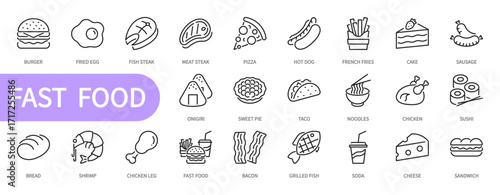 Fast food icon set. Burger, fried egg, fish, meat steak, pizza, hot dog, french fries, sushi, sandwich, sausage, taco, noodles, chicken, bread,shrimp, bacon, etc. Editable stroke, vector illustration.