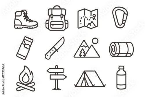 Hiking and camping icon set. Outdoor adventure linear icons collection. Trekking gear & survival equipment. Backpack, boot, map, tent, campfire, knife, mountain. Tourism.