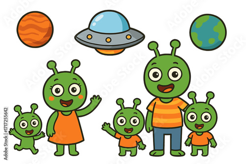Cartoon alien family characters. Cute green extraterrestrials with UFO and planets. Vector space set for kids. Mother, father, children. Spaceship, Earth, Mars. Isolated design elements.