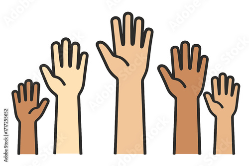 Raised hands vector icon for volunteering and community support. Diverse people participating in charity. Concept of unity, voting, and help. Multiethnic group teamwork.