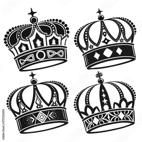 Four ornate black crowns royal regal