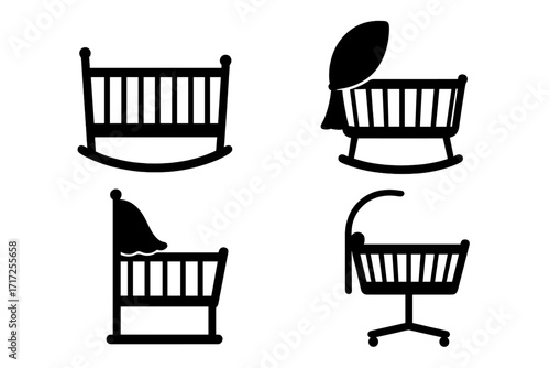Set of cradle and crib silhouettes. Baby nursery furniture icon collection. Vector illustration of a rocking cot, bassinet, and newborn bed. Minimalist sleep symbols.