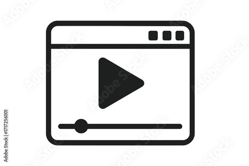 Video player icon with play button and progress line. Vector illustration for digital media interface. Symbol for streaming, playback, movie, online film, web content, tutorial.
