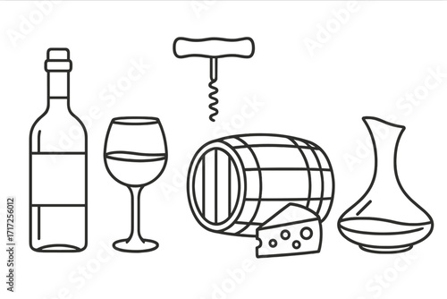 Wine tasting essentials icon set in clean line art style. Vector illustration of winery items: bottle, glass, corkscrew, oak barrel, cheese, and decanter for oenology concepts.