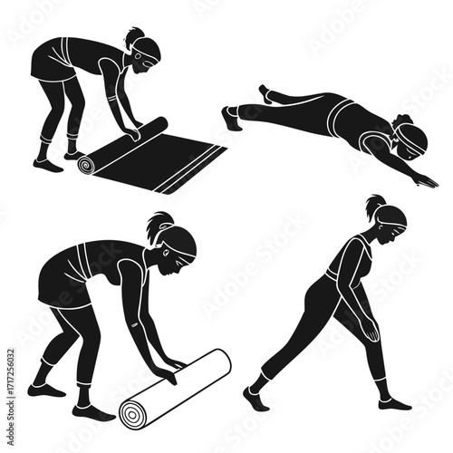 Four women yoga poses mat preparation woman exercise