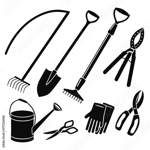 Garden tools collection black silhouettes rake shovel