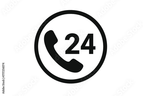 24 hour service vector icon. Round the clock phone support. Telephone, number twenty four symbol. Always open customer service, assistance and availability concept.