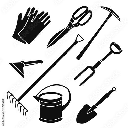 Garden tools set black silhouettes white gloves