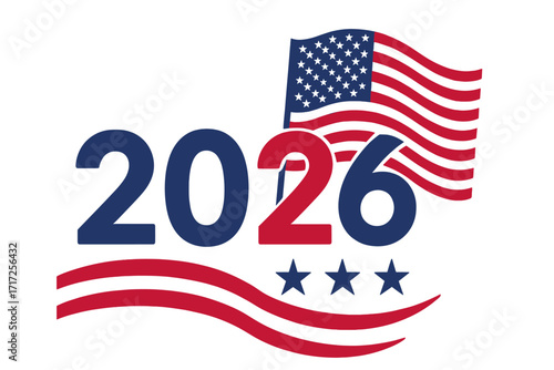 Vote 2026 USA midterm election vector banner. Patriotic American flag design for political campaigns. United States government and democracy concept illustration with stars.