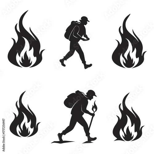 Hiker with torch and fire flames silhouette backpack