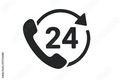 24 hour service icon with phone. Vector graphic element for twenty four hours availability. Always open customer support concept. Hotline assistance and call center non-stop help.