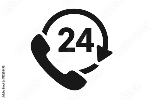24 hour service icon with phone. Vector graphic for twenty four hours customer support. Always available, non-stop assistance concept. Call center help desk business logo.