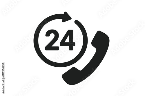 24-hour service phone icon. Vector graphic for always available customer support. Twenty-four hours open symbol. Non-stop contact center or call hotline for assistance.