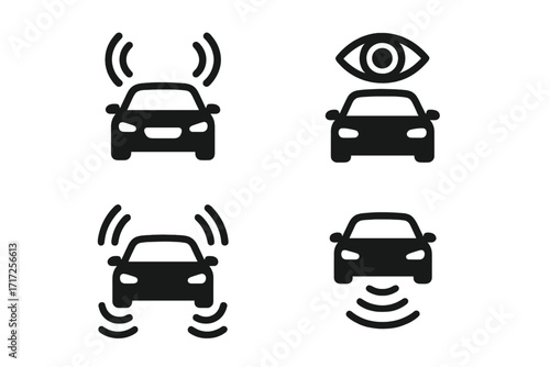 Autonomous car icon set. Self-driving vehicle perception. Driverless technology concept. Vector symbols for radar, lidar, camera vision, sensor integration, futuristic transport.