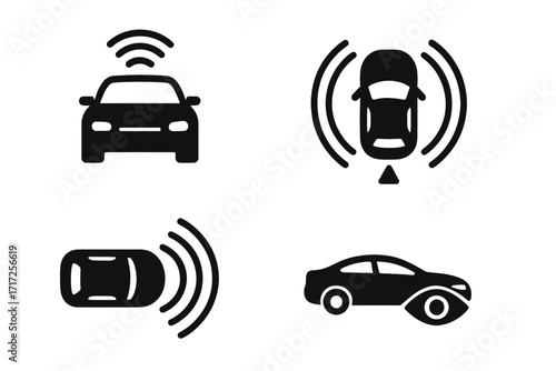 Autonomous vehicle views icon set with perception symbols. Vector for self-driving automated car, sensor integration, driverless transport and futuristic automotive technology.