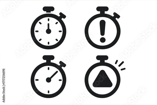 Stopwatch timer icon set. Chronometer, clock, deadline, and alarm symbol collection. Vector graphic for time management, countdown, speed measurement, and urgency alert.