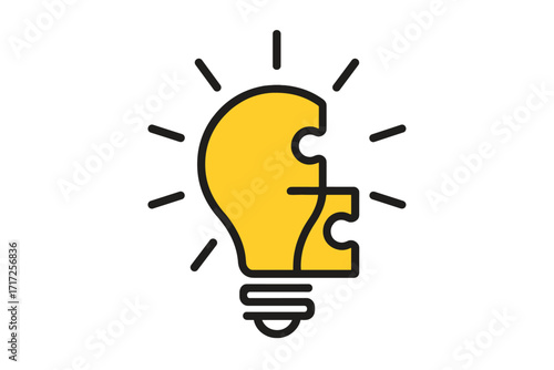Bright idea light bulb puzzle icon. Creative solution, missing link, and problem solving concept. Innovation, strategy, and business solution metaphor. Jigsaw piece in a lamp.