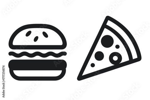Burger and pizza fast food vector icon set. Graphic element for restaurants, delivery service, and eating. Junk food symbols for menu design. Minimalist linear illustration.