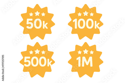 Thank you followers celebration vector set. Social media milestone badges for 50k, 100k, 500k, 1M subscribers. Achievement award icon collection. Star graphic elements.