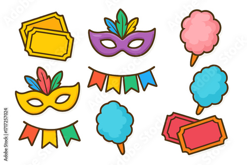 Colorful carnival icon set for festive celebration. Vector cartoon illustration of festival elements like masquerade mask, fair tickets, cotton candy, and party flags.