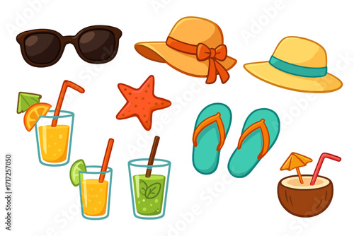 Summer beach vacation accessory set. Cartoon vector icons of sunglasses, sun hats, flip flops, starfish, and tropical drinks. Holiday travel and seaside relaxation concept.