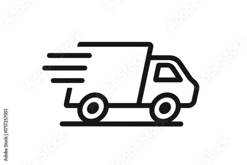 Fast shipping service icon with a truck driving fast. Express delivery concept. Lorry moving quickly for logistics and transport. Courier symbol for package delivery. Vector.