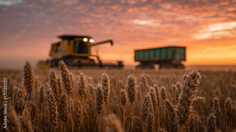 Fototapeta premium Golden wheat field at sunrise with dew-covered spikes and combine harvester unloading grain into tractor under glowing dawn sky, rural farming landscape photography