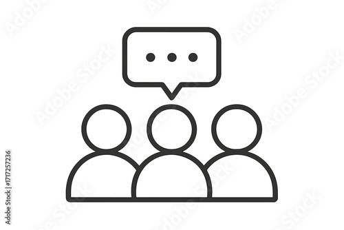 Group communication icon with three people and speech bubble. Vector symbol for team discussion, meeting, collaboration, social interaction. Business teamwork and workshop concept.