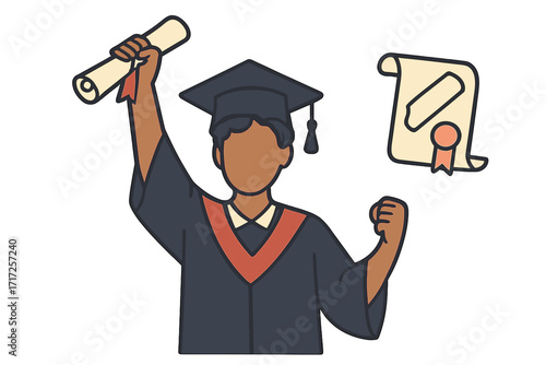 Happy graduate holding diploma scroll. Student in cap and gown celebrating academic success. Vector illustration for university graduation ceremony and educational achievement.