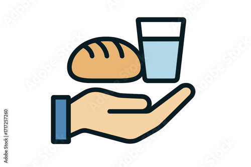 Hand offering food icon. Food donation with bread and water. Vector graphic for charity, volunteering, humanitarian aid. Symbol of help, support, generosity for poor and hungry.