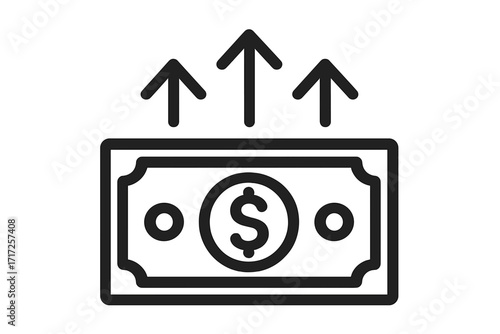 Financial growth vector icon. Dollar bill with upward arrows for income increase, economic success, profit, revenue growth, salary raise, investment return, inflation.