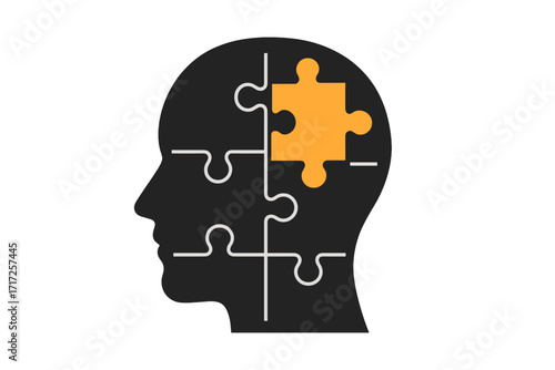 Human head puzzle for psychology, mental health concept. Vector icon of problem solving, creativity, idea, solution. Metaphor for brain logic, last piece, mind game.