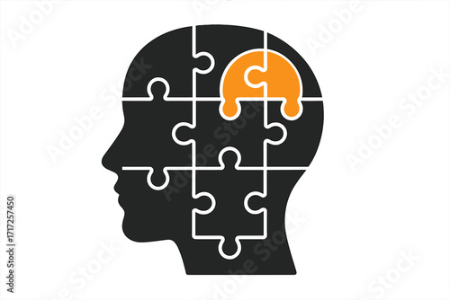 Human head puzzle for psychology, mental health concept. Brain piece for problem solving, creativity, idea. Vector icon for dementia, autism, therapy, logic, solution, mind.