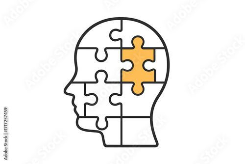 Human head silhouette made of puzzle pieces. Concept for mental health, problem solving, psychology, creativity, brain logic. Vector icon of mind, idea, solution, therapy.