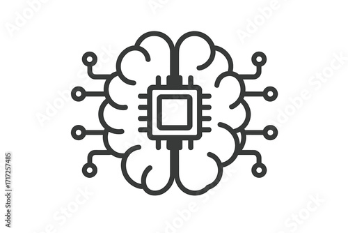 Artificial intelligence thin line icon. AI brain with central chip processor. Machine learning, neural network, cybernetics and robotics concept. Digital mind technology vector.