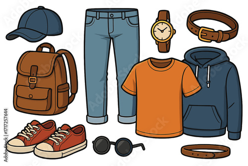 Men's casual fashion flat lay. Vector collection of clothing and accessories for a stylish everyday outfit. Set includes jeans, hoodie, t-shirt, sneakers, and backpack.