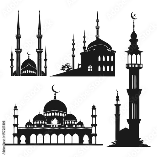 Islamic mosque and minaret silhouettes Islamic architecture