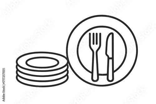 Plate with fork and knife line icon. Stack of dishes simple outline symbol. Restaurant menu, dinner, lunch and food concept. Cutlery, tableware and kitchenware vector.