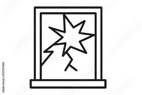 Broken window outline icon. Shattered glass linear symbol. Vandalism, destruction concept. Vector illustration for web, apps, graphic design. Damage, crash, crack pictogram.